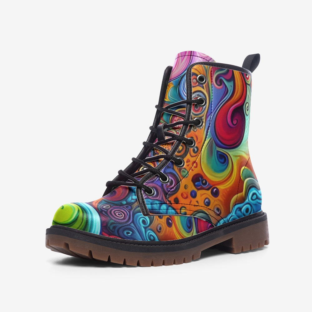 Hippie Art Zone - Colorful Waves, Abstract Design Casual Leather Lightweight Boots For Hippies