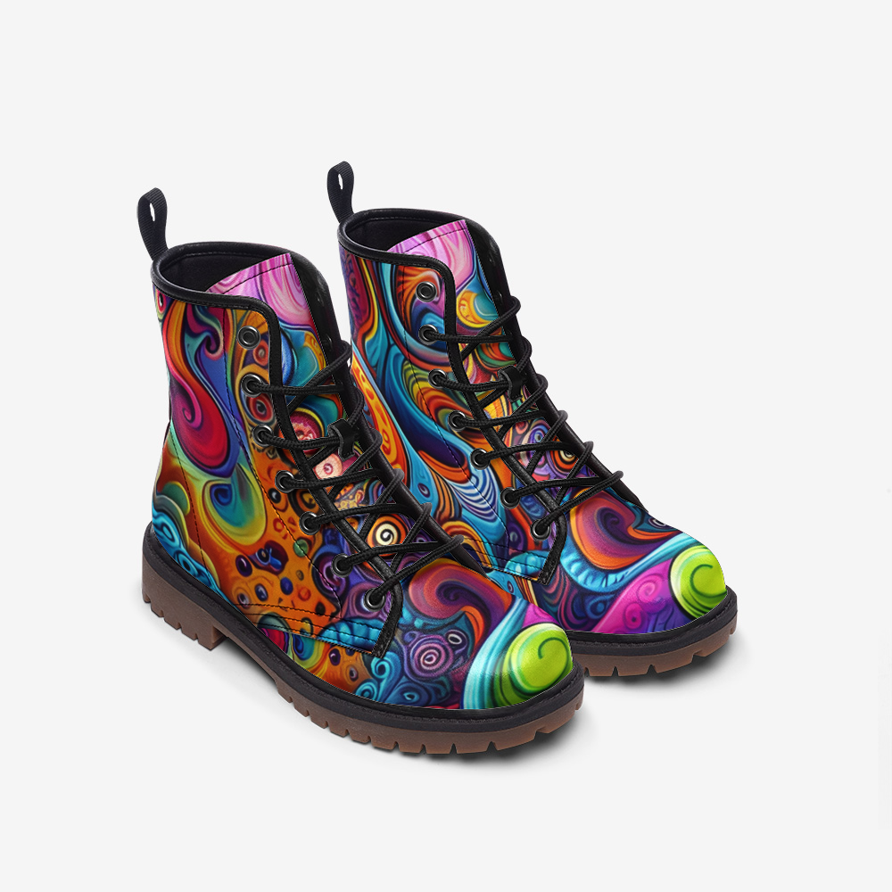 Hippie Art Zone - Colorful Waves, Abstract Design Casual Leather Lightweight Boots For Hippies