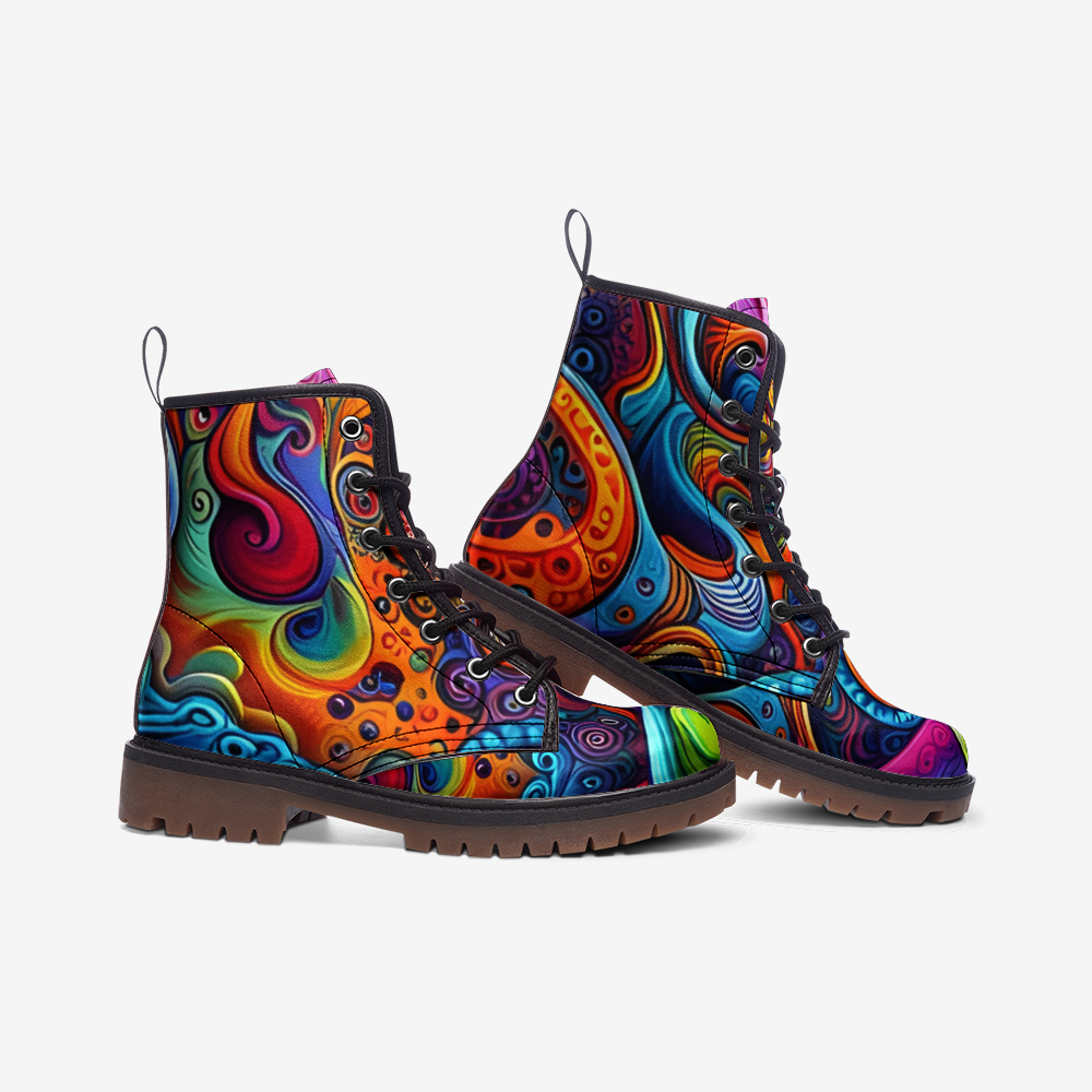 Hippie Art Zone - Colorful Waves, Abstract Design Casual Leather Lightweight Boots For Hippies