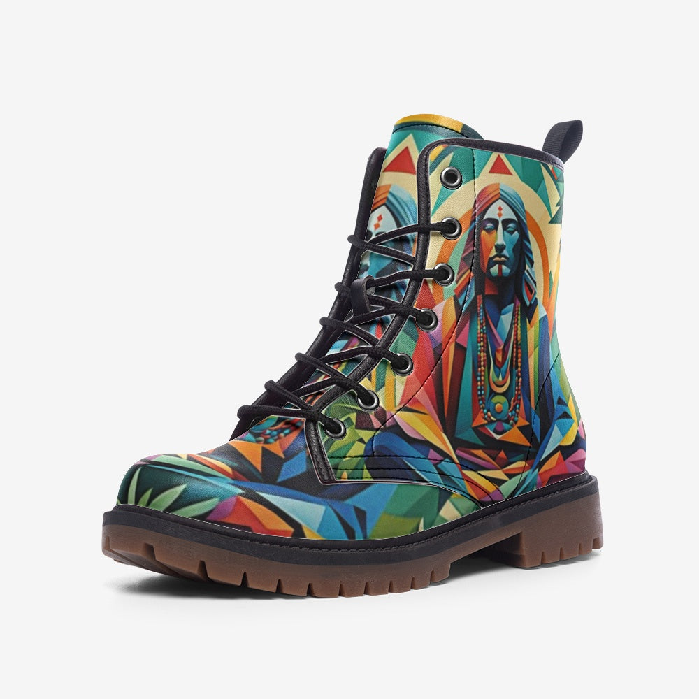 Hippie Art Zone - Peaceful Mind, Meditation, Colorful Geometric Art Casual Leather Lightweight Boots For Hippies