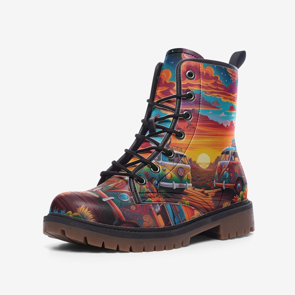 Hippie Art Zone - Sunset On The Way, Sunset View, Kombi Van Trips Casual Leather Lightweight For Hippies