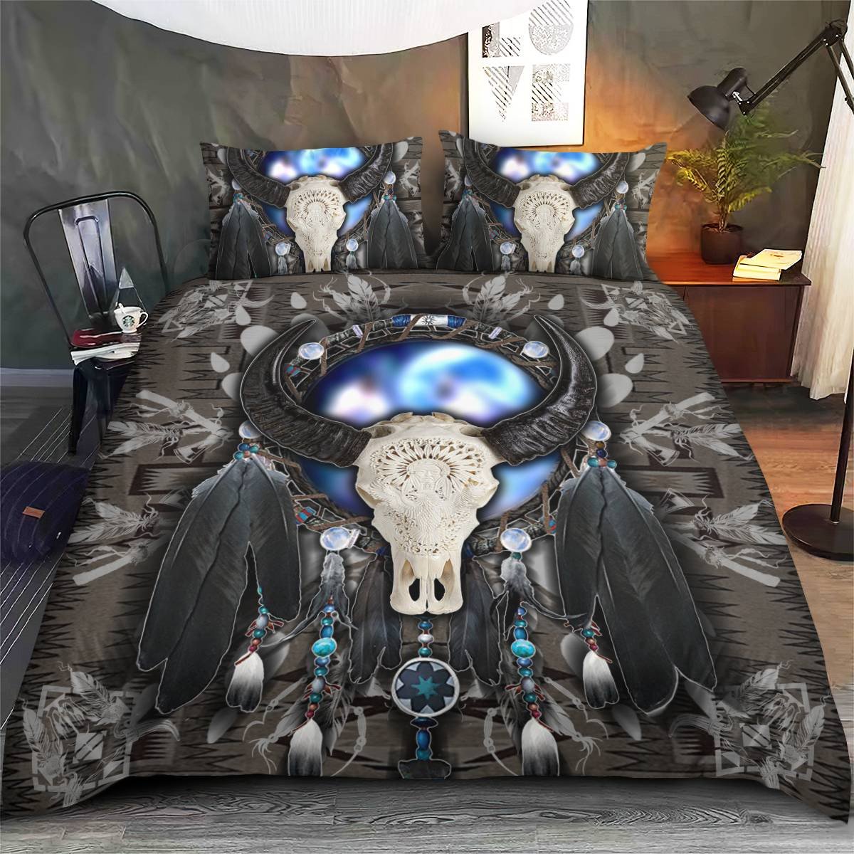 hippieartzone - Native American Bison Skull Bedding Set