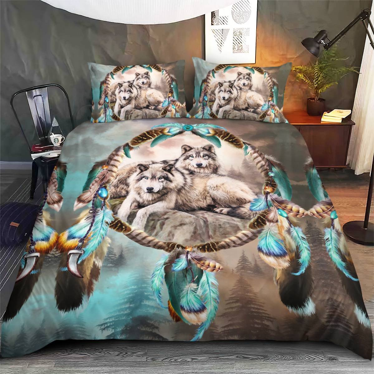 hippieartzone - Native American Wolf Dreamcatcher Bedding Set