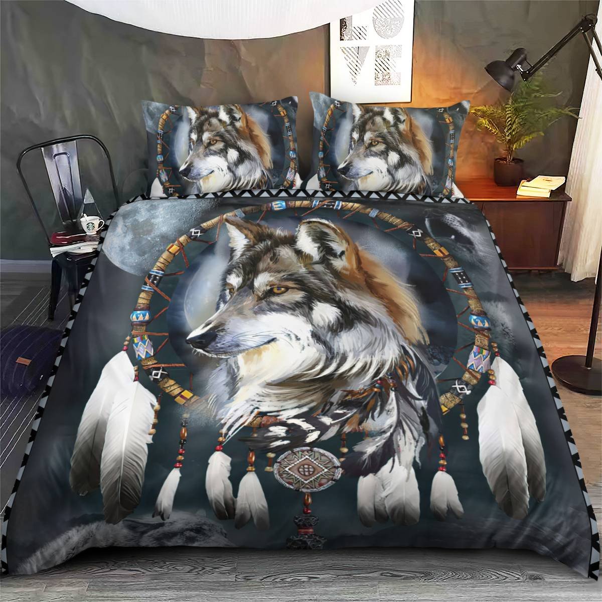 hippieartzone - Native American Wolf Dreamcatcher Bedding Set