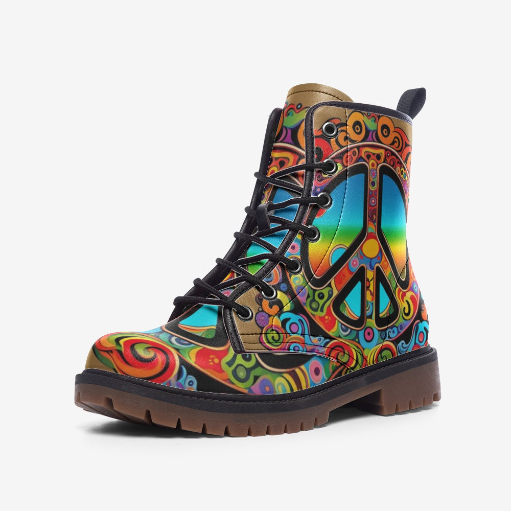 Hippie Art Zone - Colorful Peace and Love Symbol Casual Leather Lightweight Boots for Hippies