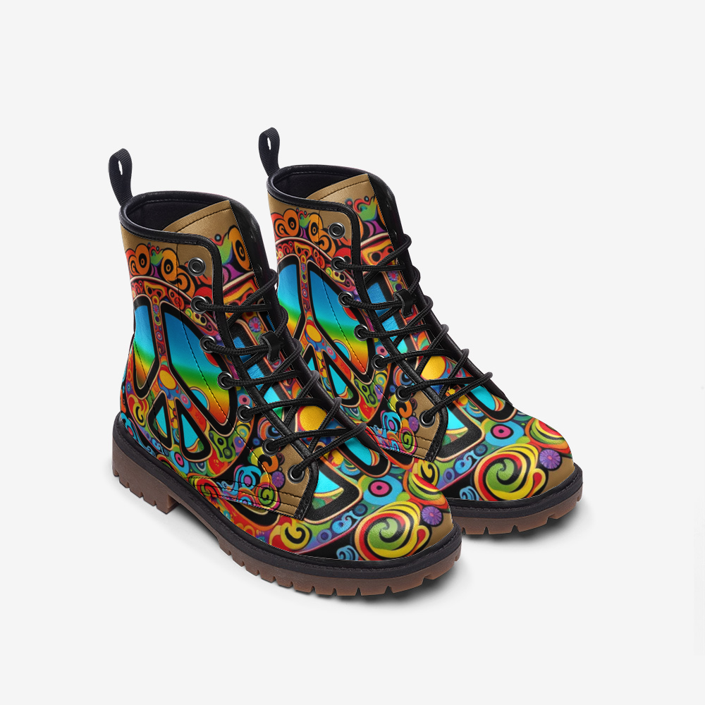 Hippie Art Zone - Colorful Peace and Love Symbol Casual Leather Lightweight Boots for Hippies