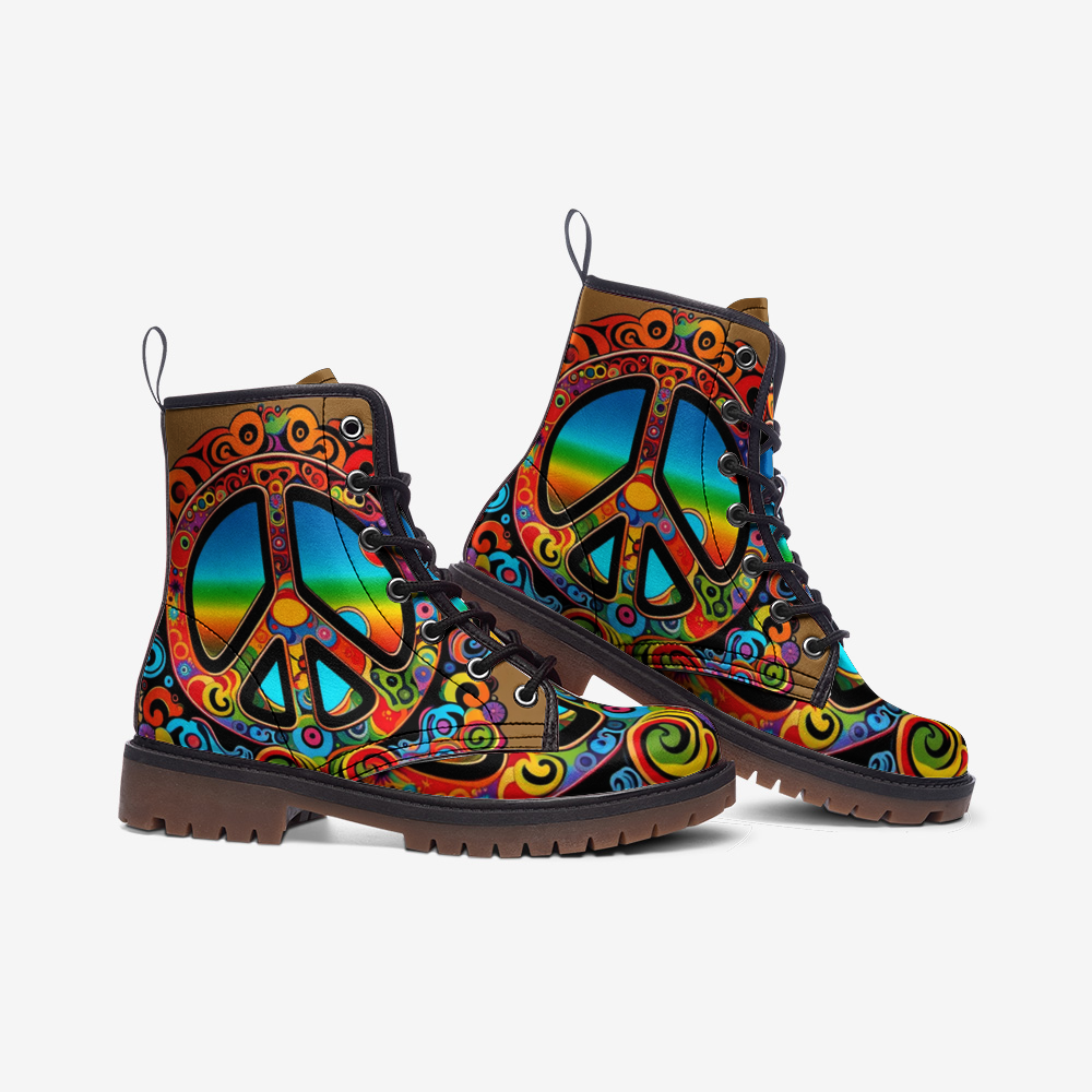 Hippie Art Zone - Colorful Peace and Love Symbol Casual Leather Lightweight Boots for Hippies