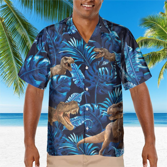 hippieartzone - BLUE DINOSAUR TROPICAL HAWAII SHIRT.