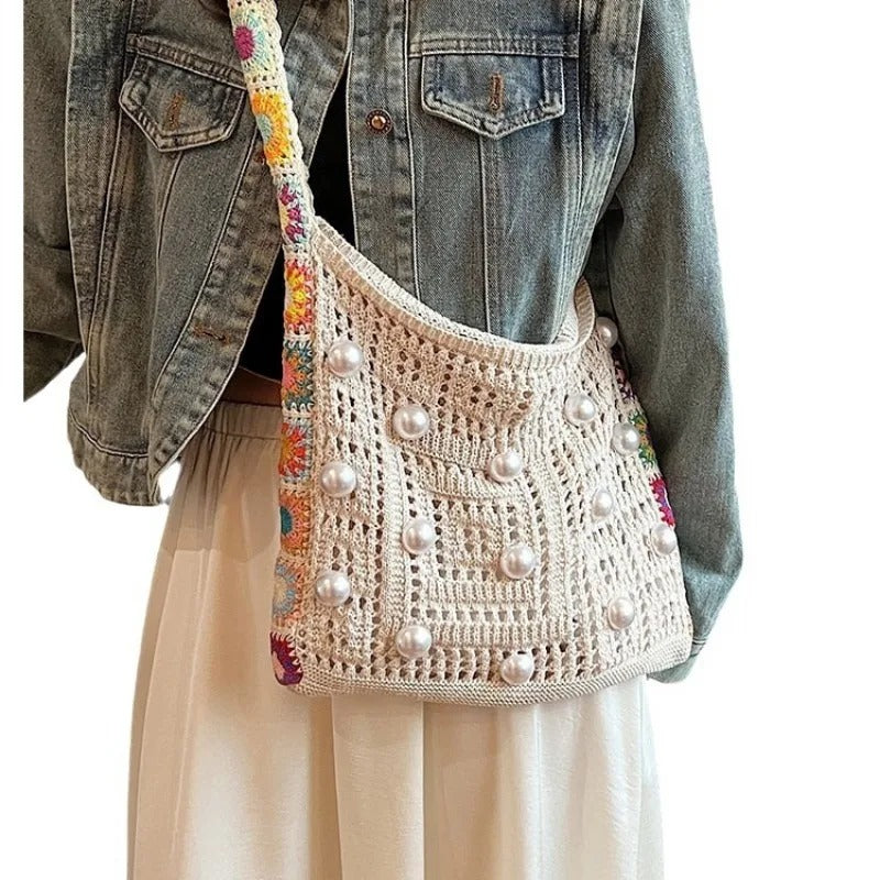 hippieartzone - Casual Hollow Out Pearls Knitted Women Shoulder Bag.