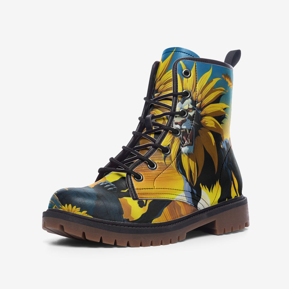 Hippie Art Zone - Dreamy Lion with Sunflower on Leather Lightweight Boots for Hippies