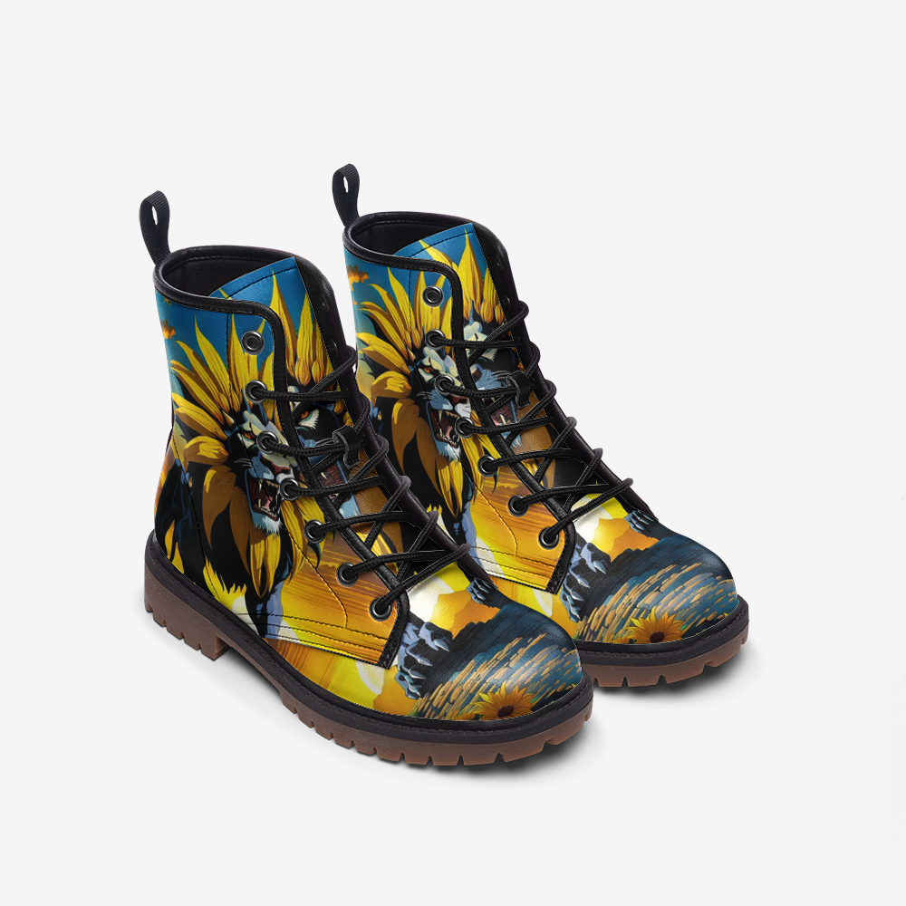 Hippie Art Zone - Dreamy Lion with Sunflower on Leather Lightweight Boots for Hippies