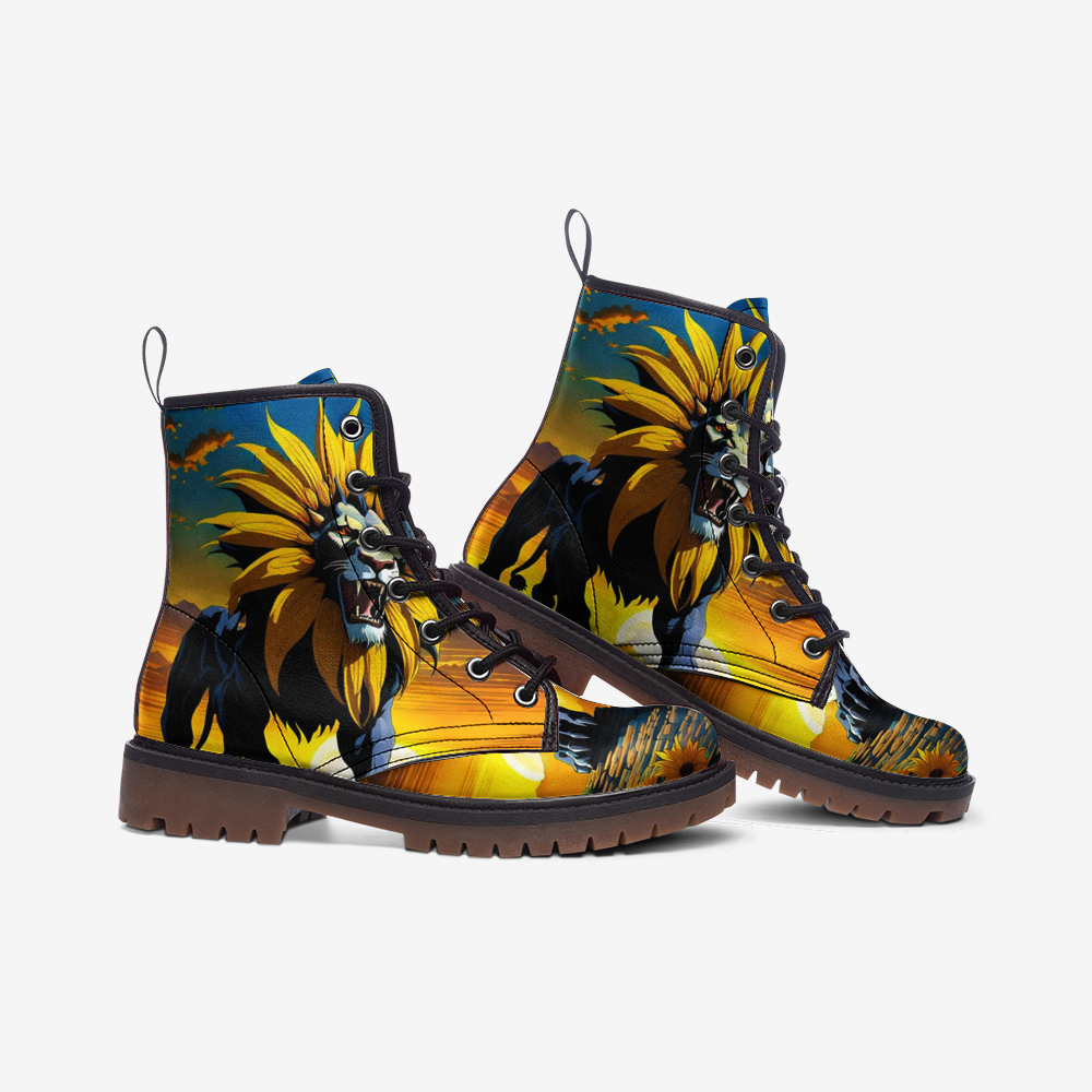 Hippie Art Zone - Dreamy Lion with Sunflower on Leather Lightweight Boots for Hippies