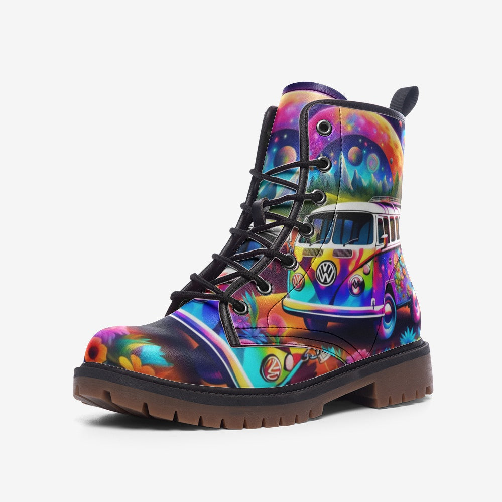 Hippie Art Zone - Rainbow Color Hippie Van Casual Leather Lightweight Boots For Hippies