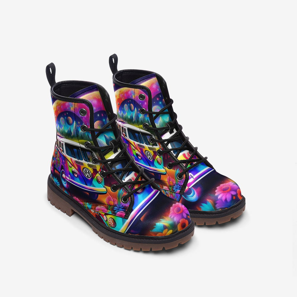 Hippie Art Zone - Rainbow Color Hippie Van Casual Leather Lightweight Boots For Hippies