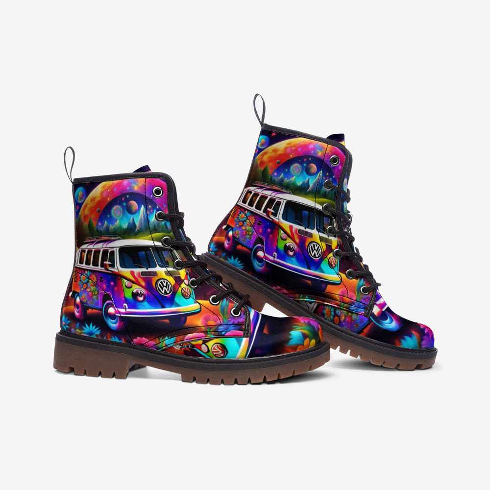 Hippie Art Zone - Rainbow Color Hippie Van Casual Leather Lightweight Boots For Hippies