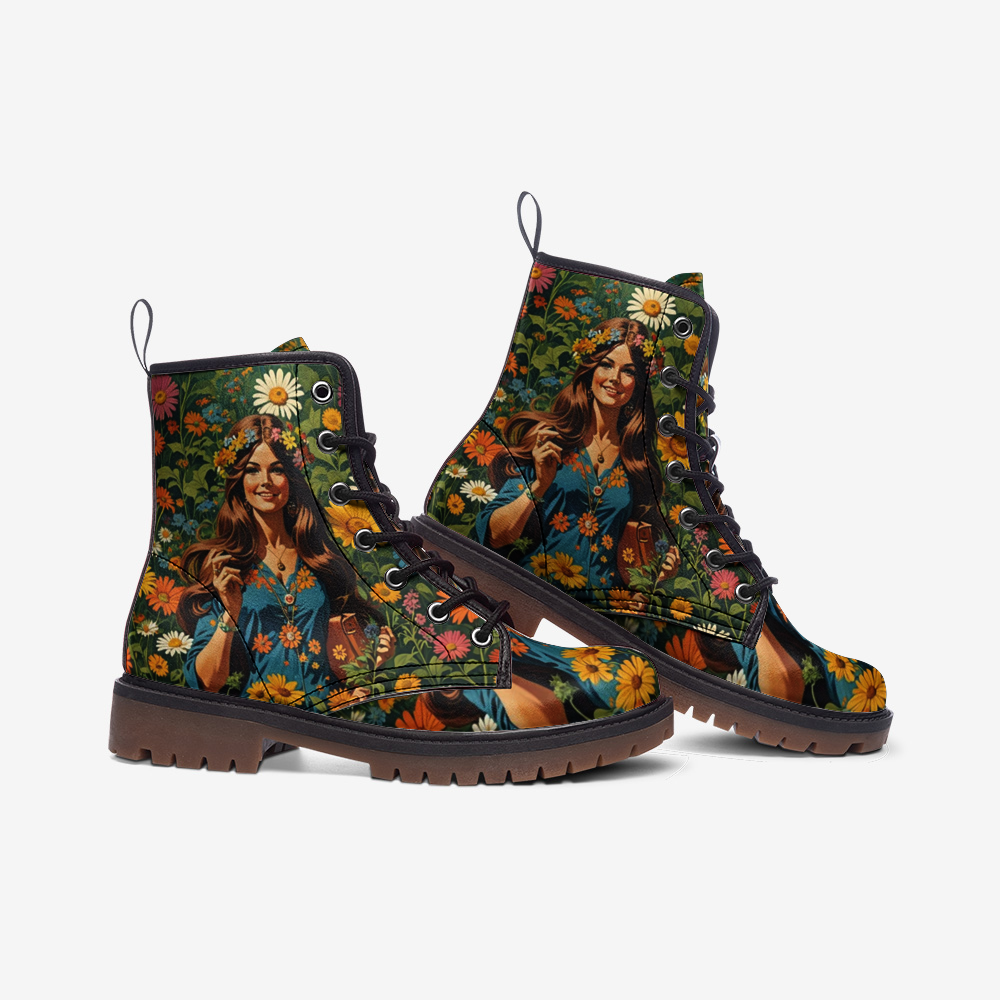 Hippie Art Zone - Bohemian Girl with Flowers Casual Leather Lightweight Boots for Hippies