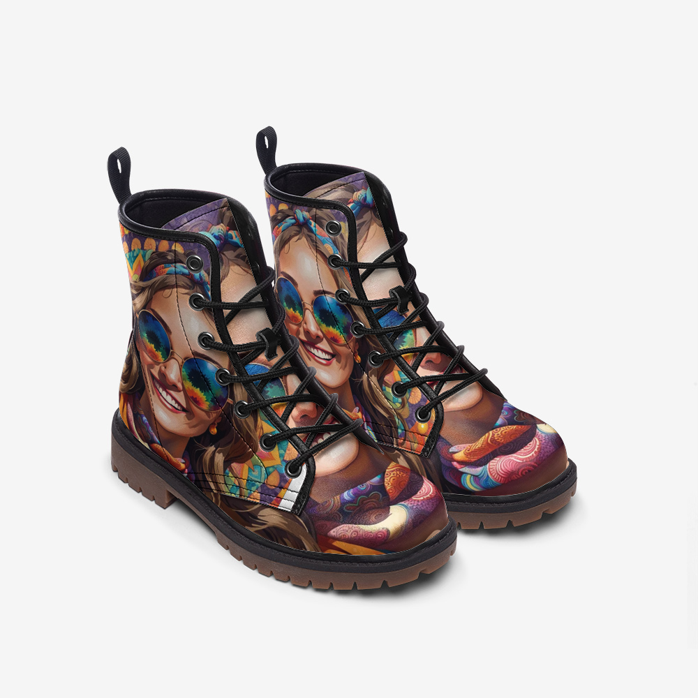 Hippie Art Zone - Bright Smile For A New Day, Smiling Face Casual Leather Lightweight Boots For Hippies