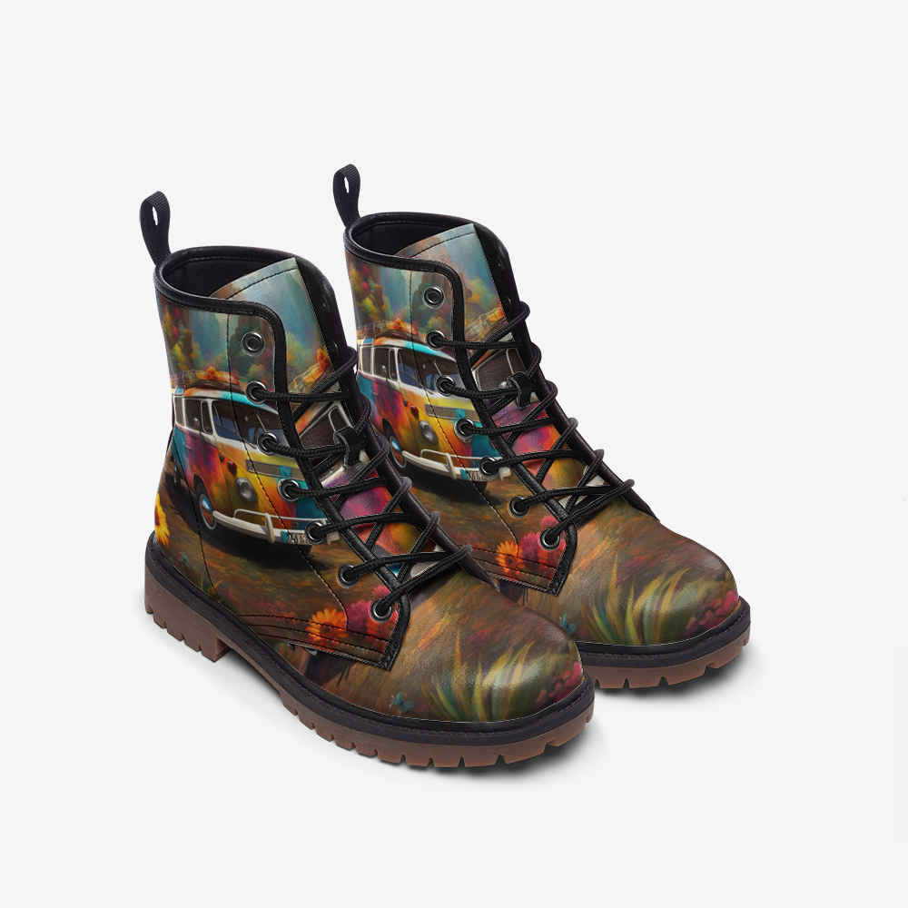 Hippie Art Zone - Vintage Van Print on Casual Leather Lightweight Boots for Hippies