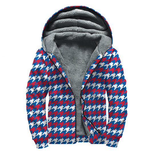 American Houndstooth Pattern Print Sherpa Lined Zip Up Hoodie For Boho Hippie