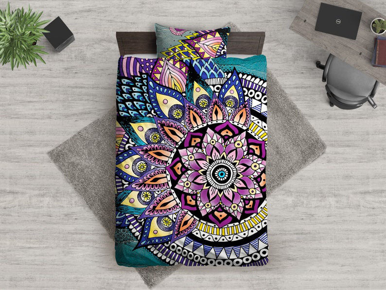 Hippie Art Zone - Asymmetric Mandala Duvet Cover, Hippie Bedding, Bedding Set For Hippies