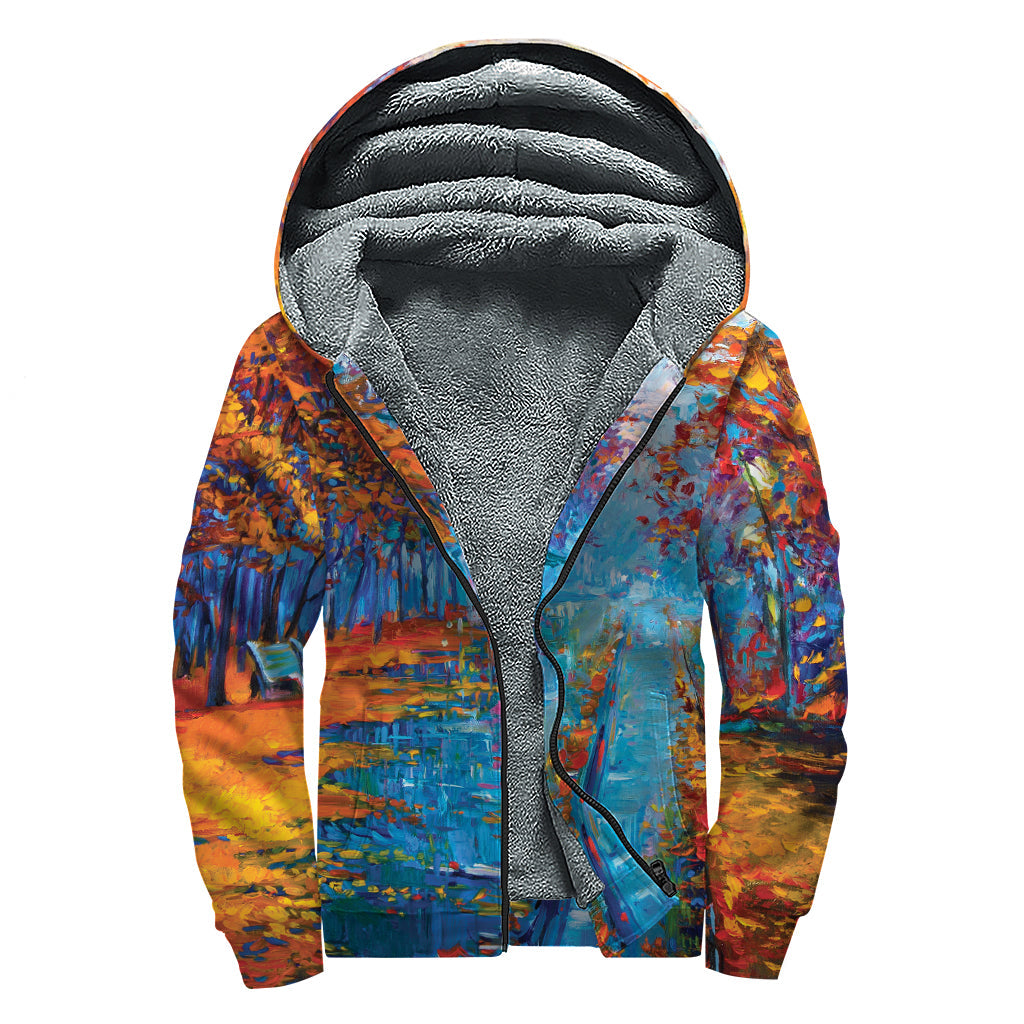 Autumn Painting Print Sherpa Lined Zip Up Hoodie For Boho Hippie Autism