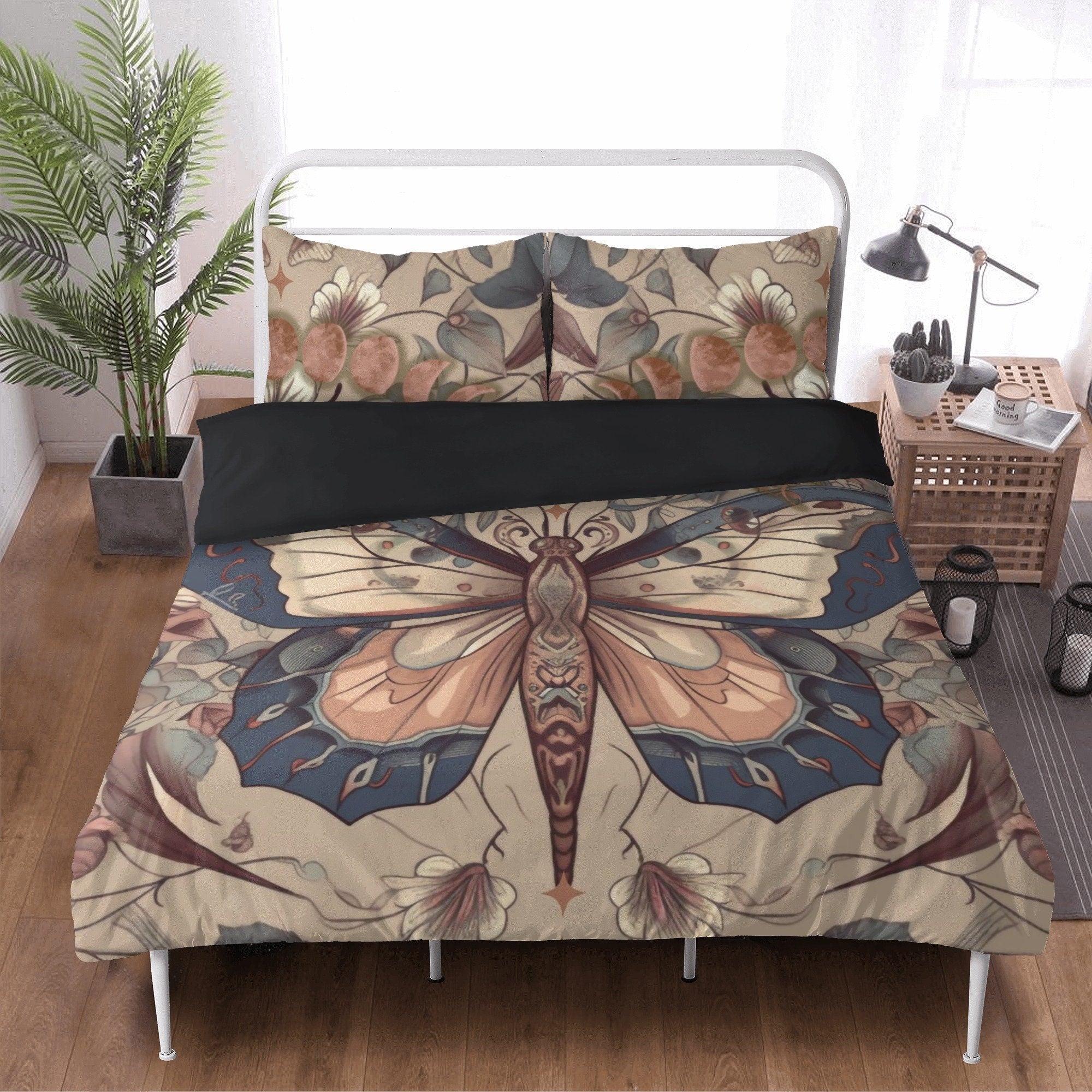 Beige Cottagecore Blue Moth Forest 3 Pcs Beddings For Hippies
