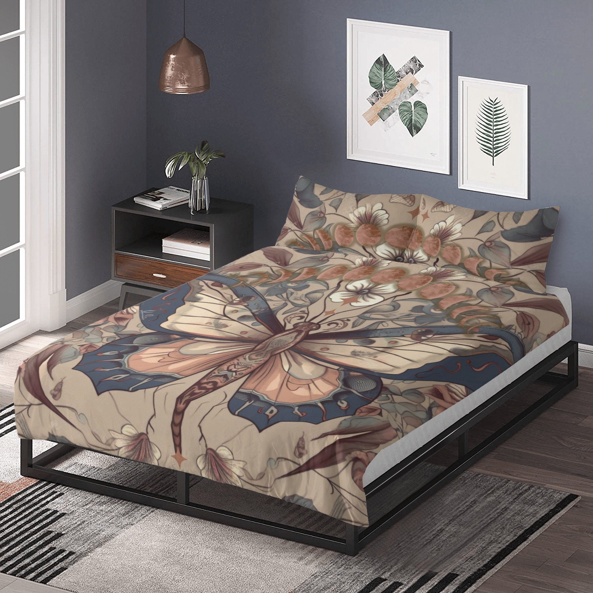 Beige Cottagecore Blue Moth Forest 3 Pcs Beddings For Hippies