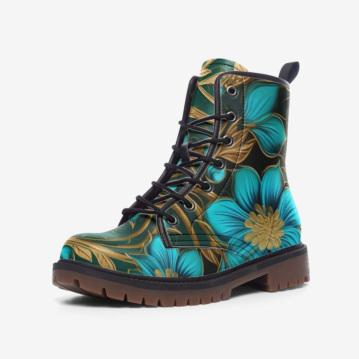 Hippie Art Zone - Big Turquoise Flower Leather Lightweight Boots For Hippies