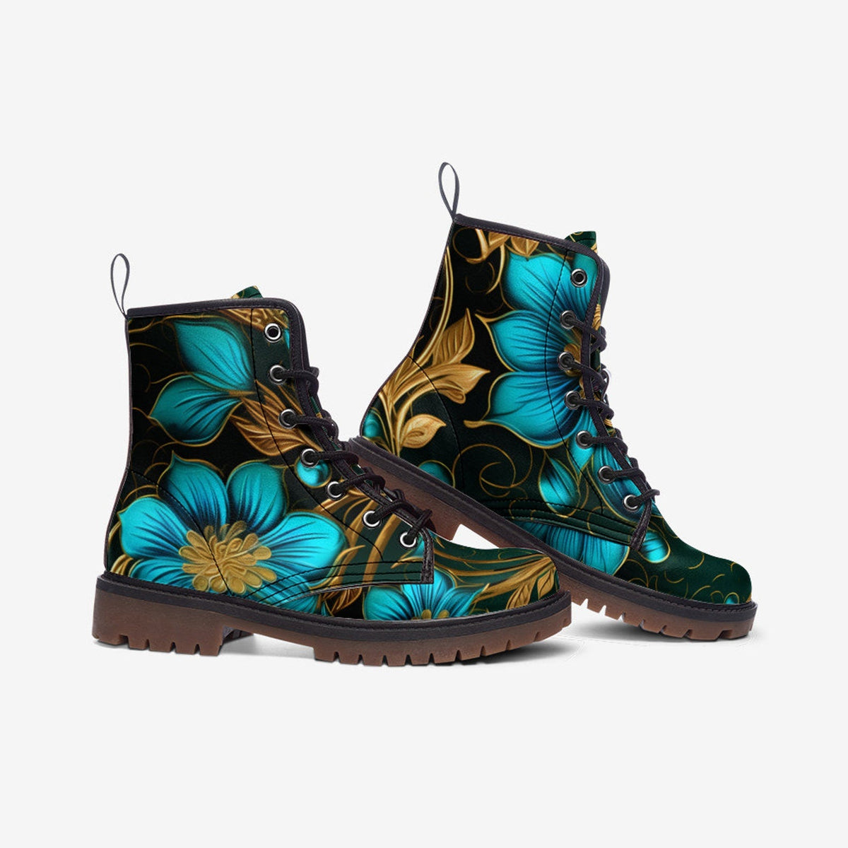 Hippie Art Zone - Big Turquoise Flower Leather Lightweight Boots For Hippies