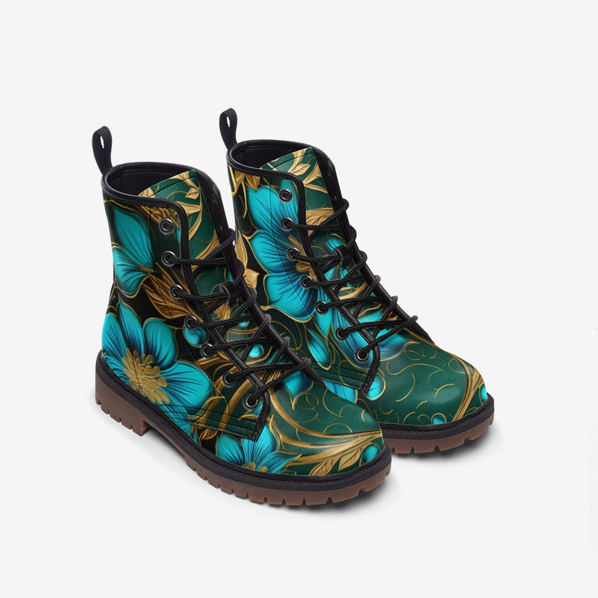 Hippie Art Zone - Big Turquoise Flower Leather Lightweight Boots For Hippies