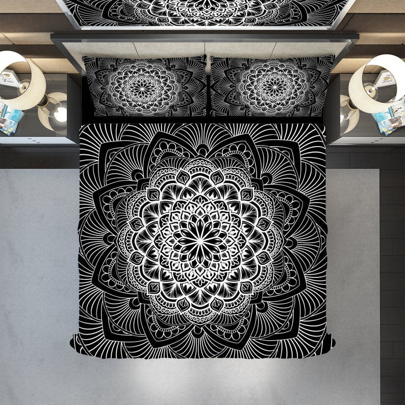 Hippie Art Zone - Black And White Mandala Bedding Set For Hippies