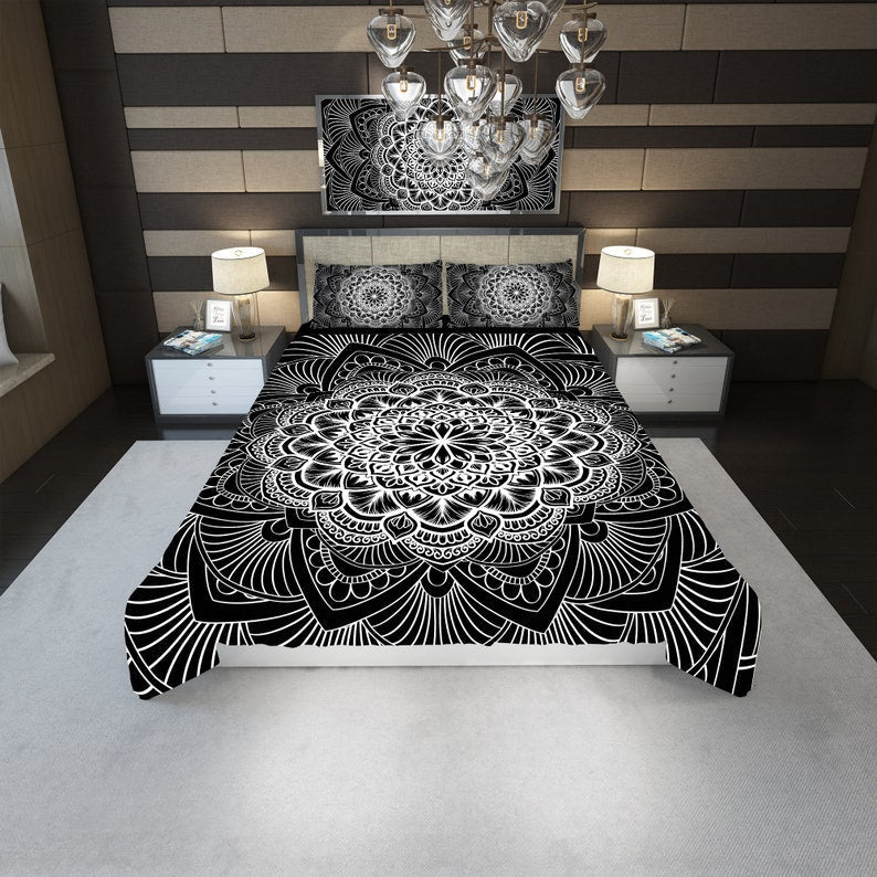 Hippie Art Zone - Black And White Mandala Bedding Set For Hippies