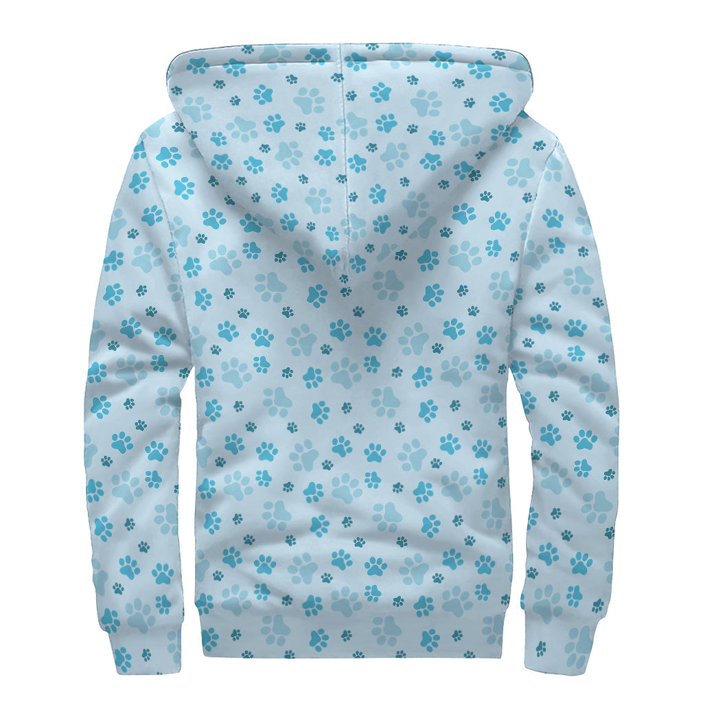 Blue Animal Paw Pattern Print Sherpa Lined Zip Up Hoodie For Boho Hippie Autism