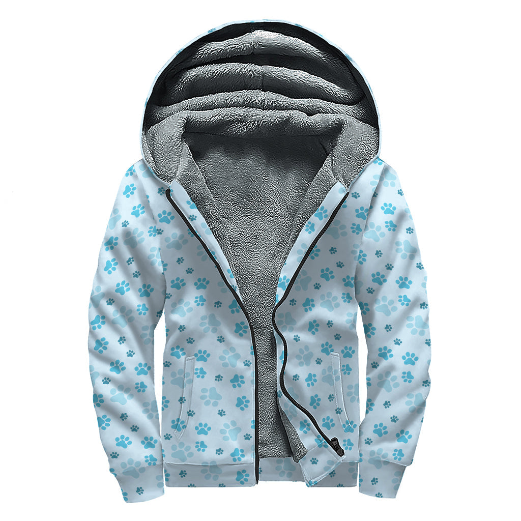 Blue Animal Paw Pattern Print Sherpa Lined Zip Up Hoodie For Boho Hippie Autism