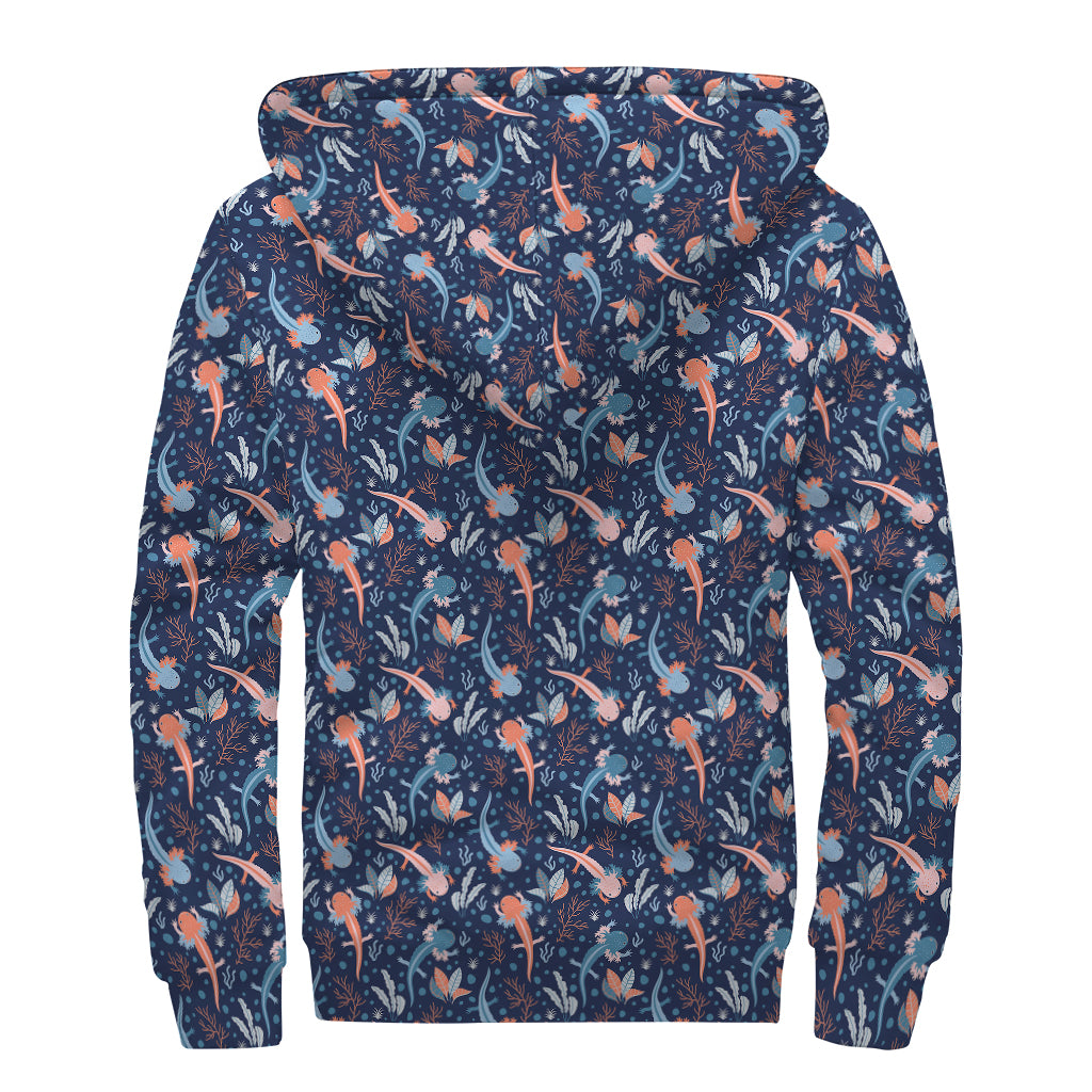 Blue Axolotl Pattern Print Sherpa Lined Zip Up Hoodie For Boho Hippie