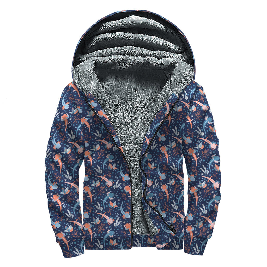 Blue Axolotl Pattern Print Sherpa Lined Zip Up Hoodie For Boho Hippie