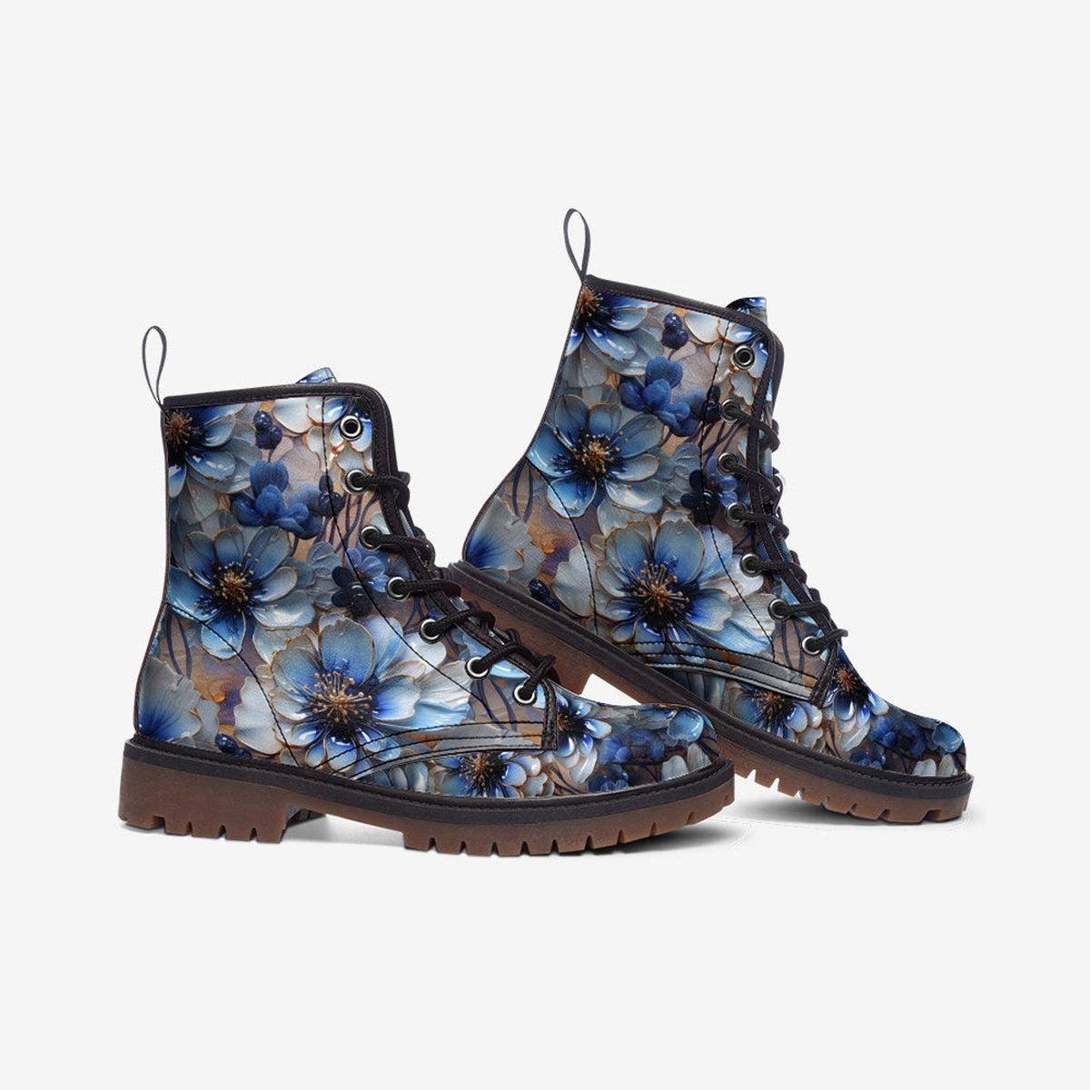 Hippie Art Zone - Blue Floral Casual Faux Leather Lightweight Boots Streetwear Boots Combat Boots For Hippies