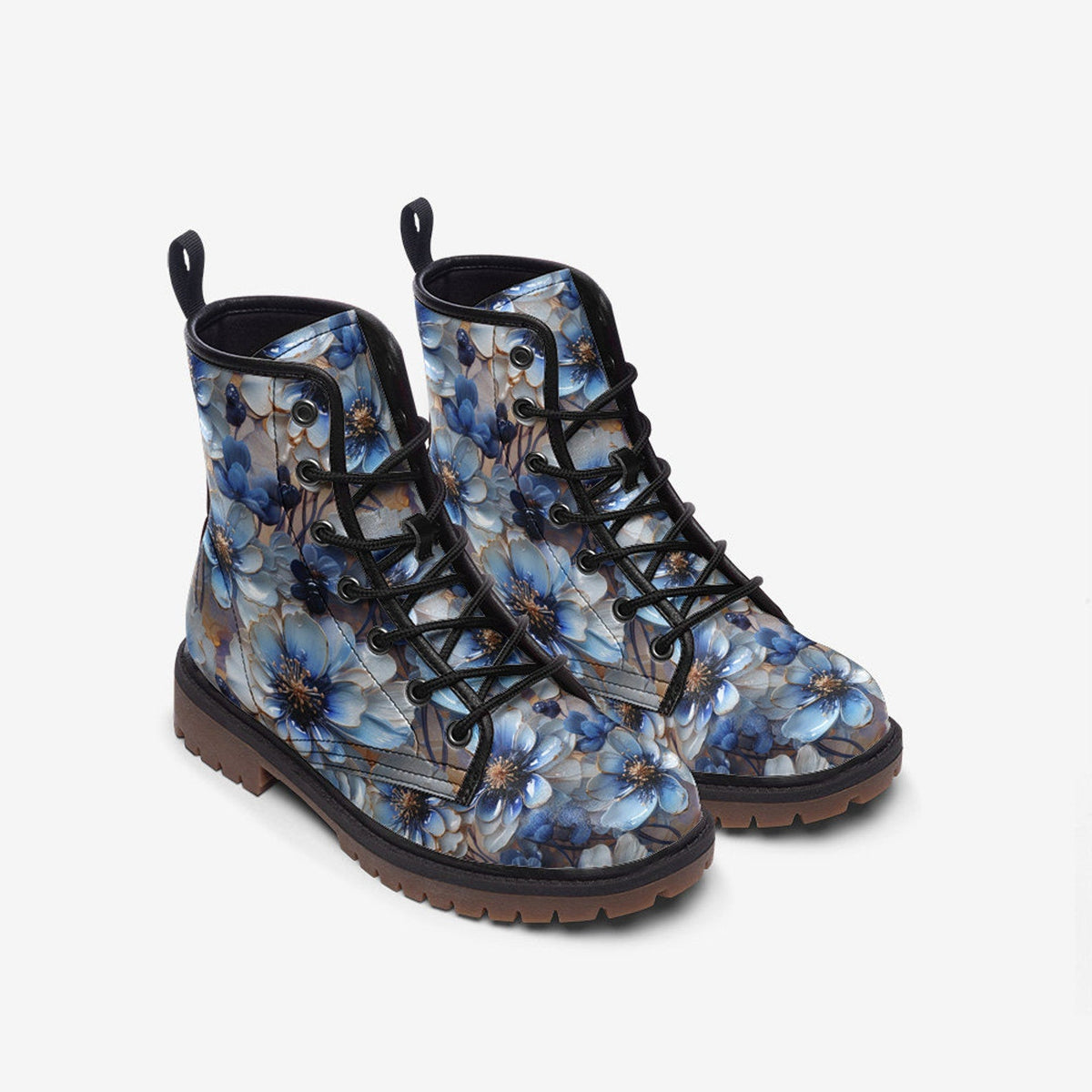 Hippie Art Zone - Blue Floral Casual Faux Leather Lightweight Boots Streetwear Boots Combat Boots For Hippies