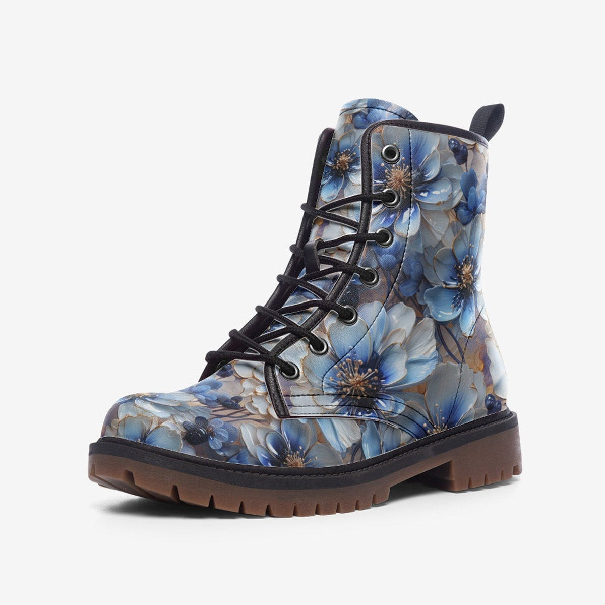 Hippie Art Zone - Blue Floral Casual Faux Leather Lightweight Boots Streetwear Boots Combat Boots For Hippies