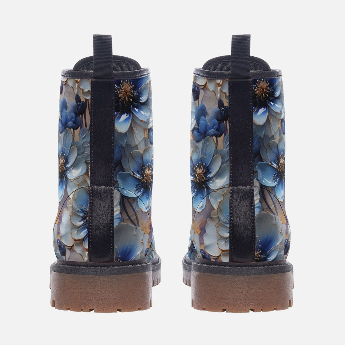 Hippie Art Zone - Blue Floral Casual Faux Leather Lightweight Boots Streetwear Boots Combat Boots For Hippies