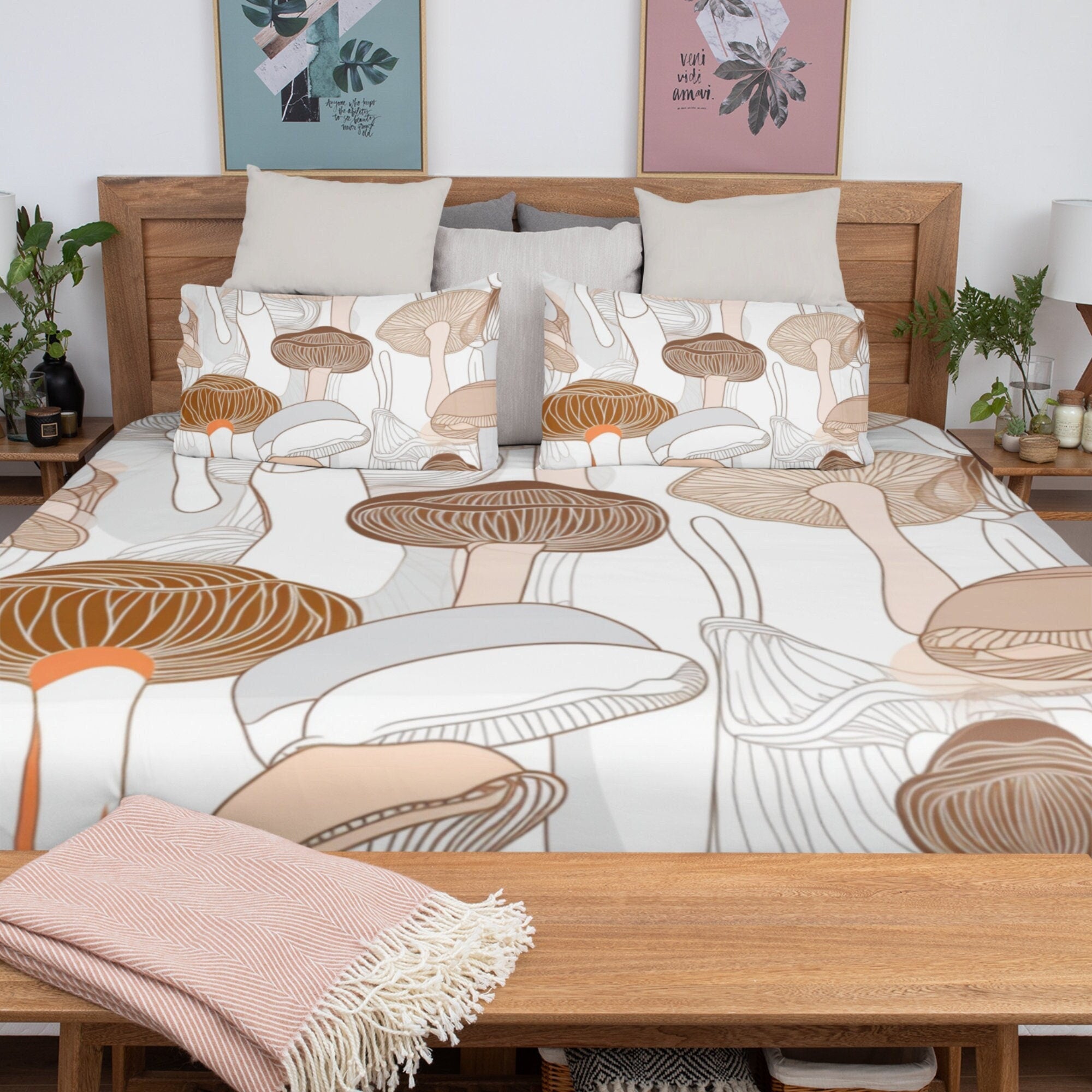 Bohemian Cottage Core, Vintage Mushroom Bedding Set For Hippies