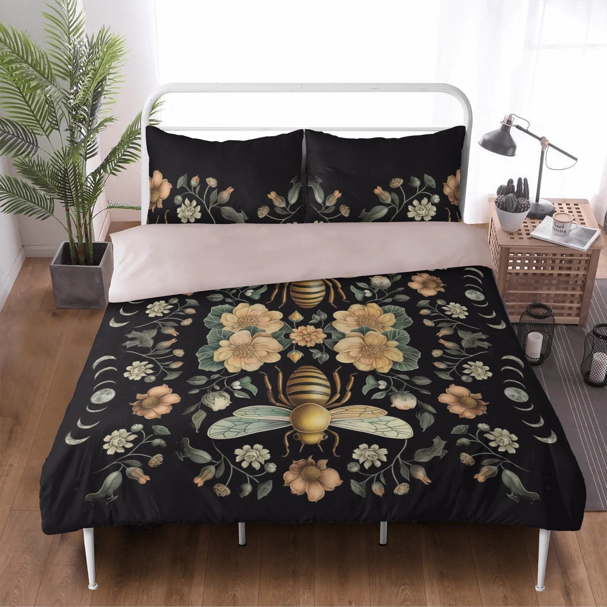 Boho Cottagecore Bee, Moon Phase Bedding Set For Hippies