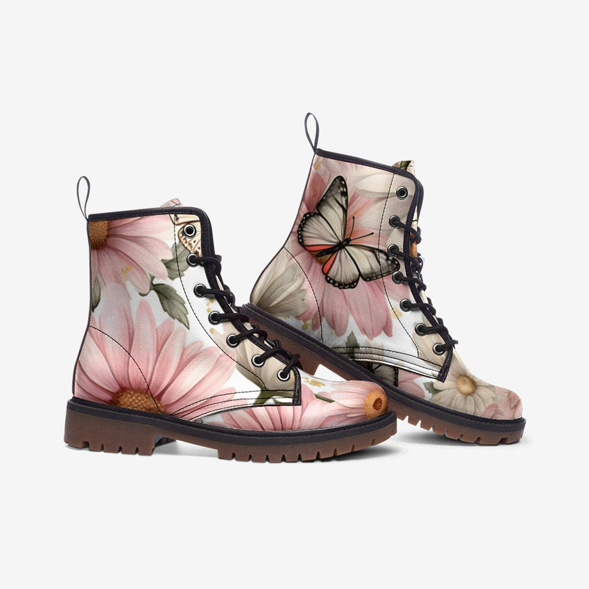 Hippie Art Zone - Butterfly Flowers Vegan Leather Combat Boots For Hippies