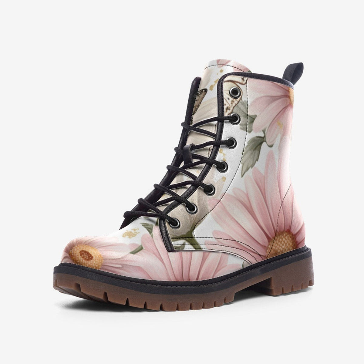 Hippie Art Zone - Butterfly Flowers Vegan Leather Combat Boots For Hippies