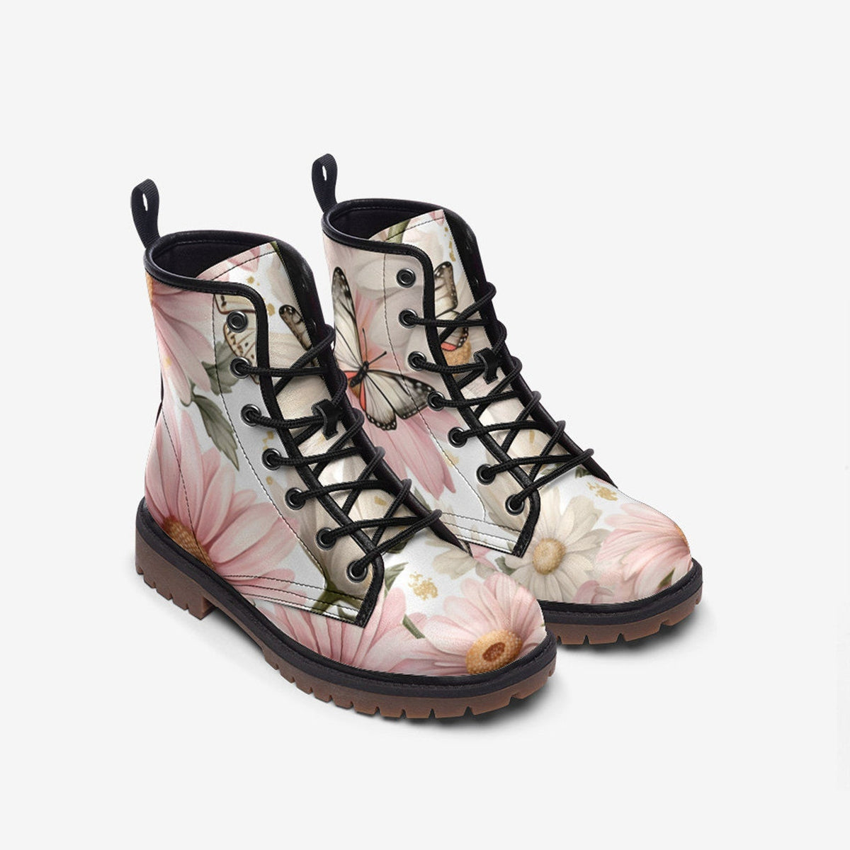 Hippie Art Zone - Butterfly Flowers Vegan Leather Combat Boots For Hippies