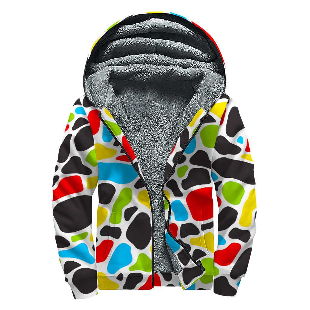 Colorful Cow Print Sherpa Lined Zip Up Hoodie For Boho Hippie Autism