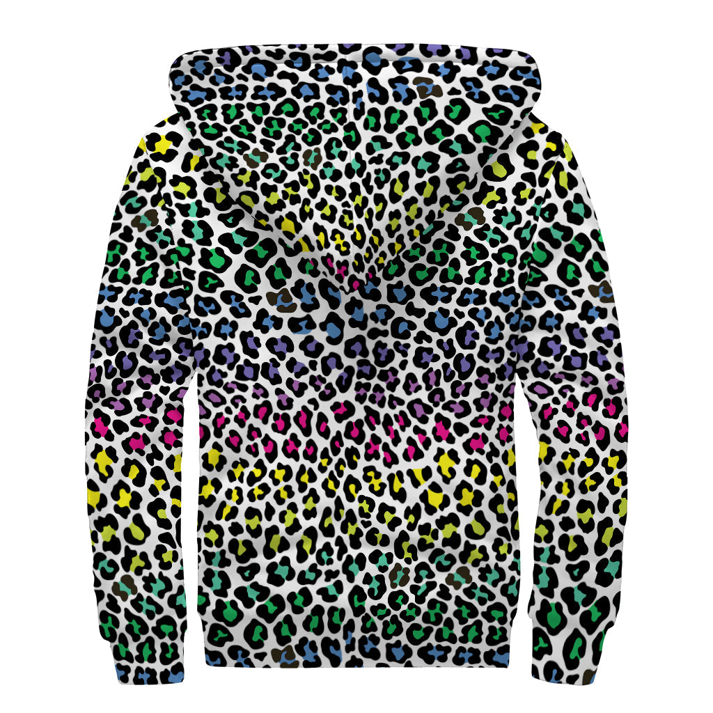 Colorful Leopard Print Sherpa Lined Zip Up Hoodie For Boho Hippie Autism