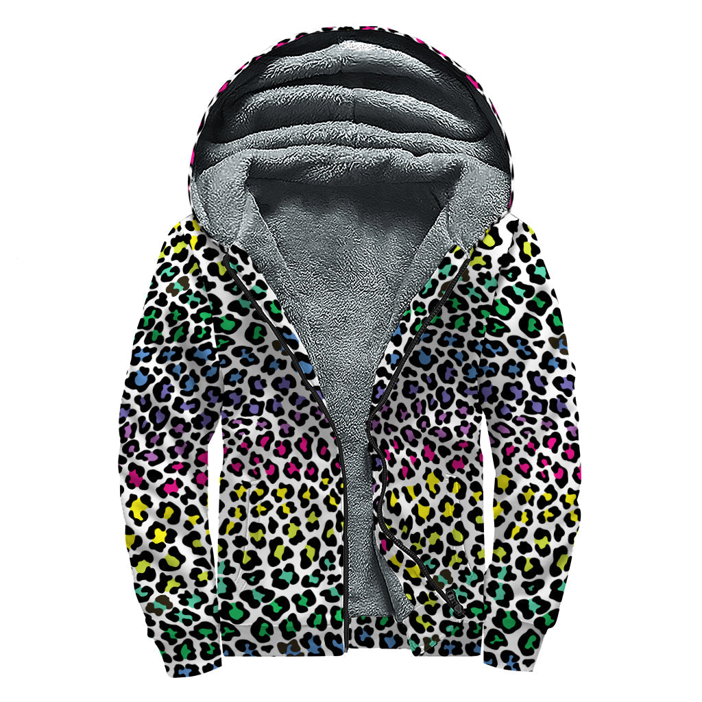 Colorful Leopard Print Sherpa Lined Zip Up Hoodie For Boho Hippie Autism