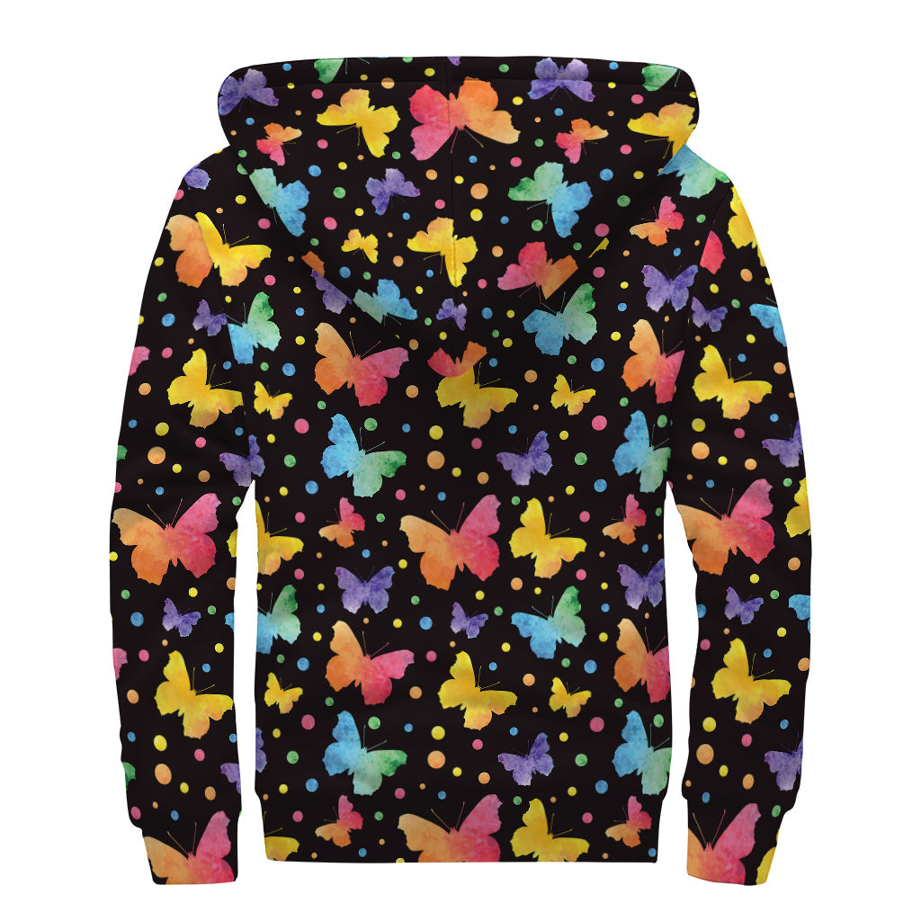 Colorful Watercolor Butterfly Print Sherpa Lined Zip Up Hoodie For Boho Hippie