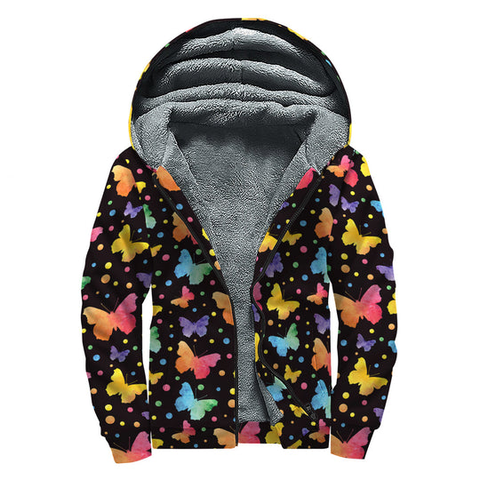 Colorful Watercolor Butterfly Print Sherpa Lined Zip Up Hoodie For Boho Hippie